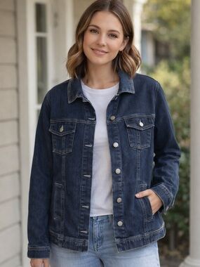 Rustic Denim Jacket Large Dark Wash Stretch Trucker Jacket Womens Classic Layer